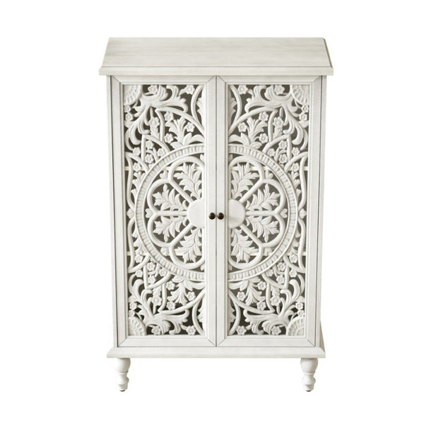 English Elm 47 Inch Tall Farmhouse Accent Cabinet Floral Carved Doors White Finish Turned Legs W1445P537136