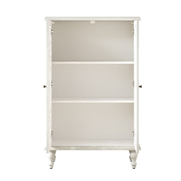 English Elm 47 Inch Tall Farmhouse Accent Cabinet Floral Carved Doors White Finish Turned Legs W1445P537136