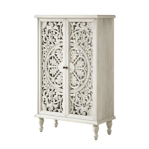 English Elm 47 Inch Tall Farmhouse Accent Cabinet Floral Carved Doors White Finish Turned Legs W1445P537136