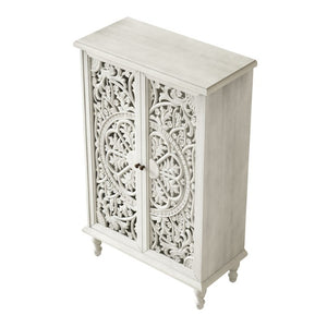 English Elm 47 Inch Tall Farmhouse Accent Cabinet Floral Carved Doors White Finish Turned Legs W1445P537136