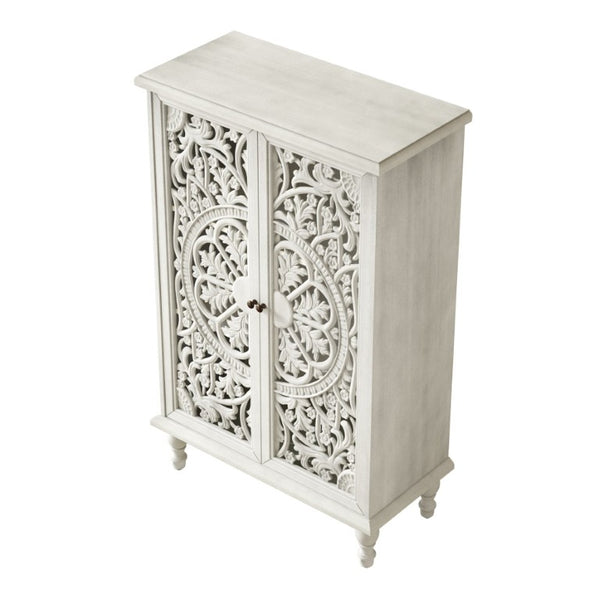 English Elm 47 Inch Tall Farmhouse Accent Cabinet Floral Carved Doors White Finish Turned Legs W1445P537136