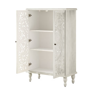 English Elm 47 Inch Tall Farmhouse Accent Cabinet Floral Carved Doors White Finish Turned Legs W1445P537136