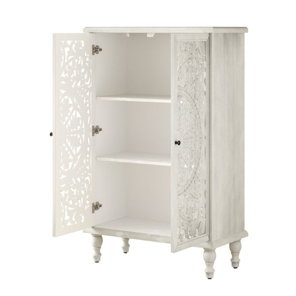 English Elm 47 Inch Tall Farmhouse Accent Cabinet Floral Carved Doors White Finish Turned Legs W1445P537136