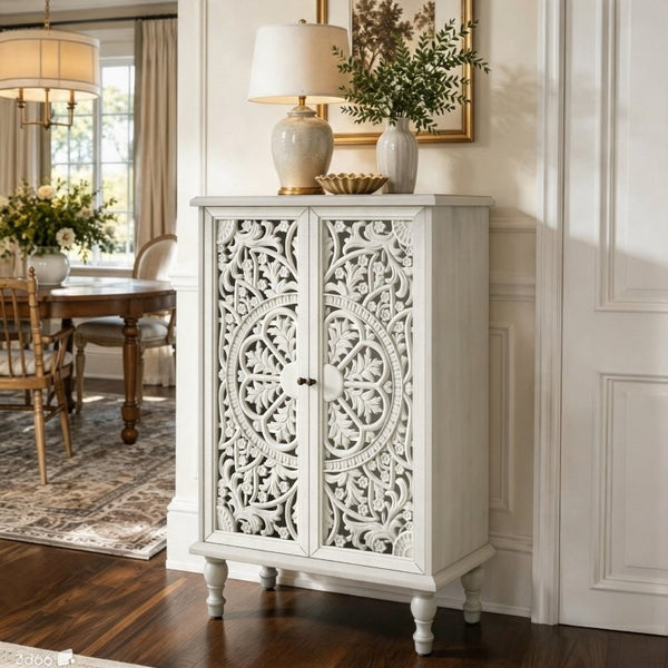 English Elm 47 Inch Tall Farmhouse Accent Cabinet Floral Carved Doors White Finish Turned Legs W1445P537136