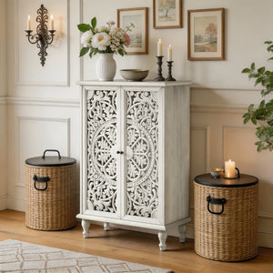 English Elm 47 Inch Tall Farmhouse Accent Cabinet Floral Carved Doors White Finish Turned Legs W1445P537136