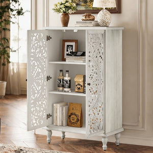 English Elm 47 Inch Tall Farmhouse Accent Cabinet Floral Carved Doors White Finish Turned Legs W1445P537136