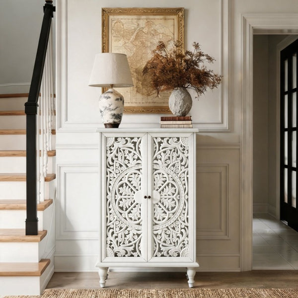 English Elm 47 Inch Tall Farmhouse Accent Cabinet Floral Carved Doors White Finish Turned Legs W1445P537136