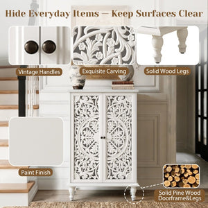 English Elm 47 Inch Tall Farmhouse Accent Cabinet Floral Carved Doors White Finish Turned Legs W1445P537136