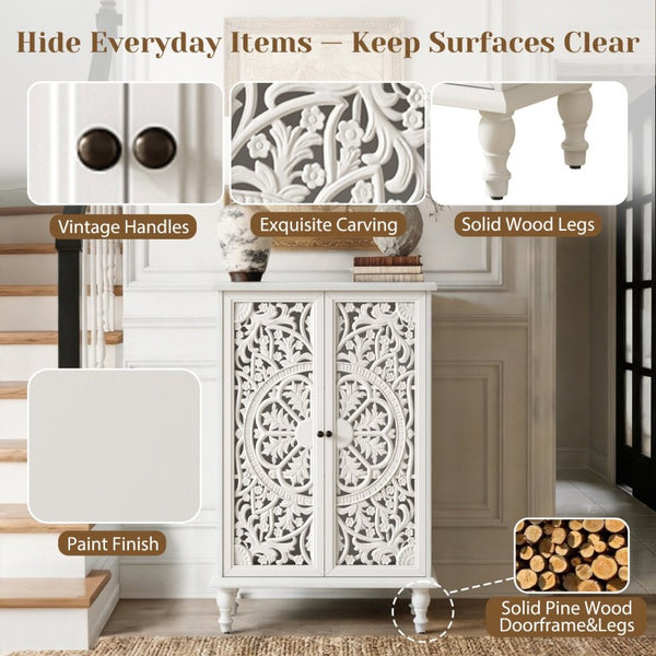 English Elm 47 Inch Tall Farmhouse Accent Cabinet Floral Carved Doors White Finish Turned Legs W1445P537136