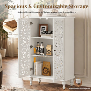 English Elm 47 Inch Tall Farmhouse Accent Cabinet Floral Carved Doors White Finish Turned Legs W1445P537136
