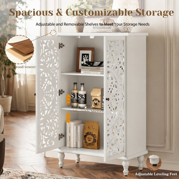 English Elm 47 Inch Tall Farmhouse Accent Cabinet Floral Carved Doors White Finish Turned Legs W1445P537136