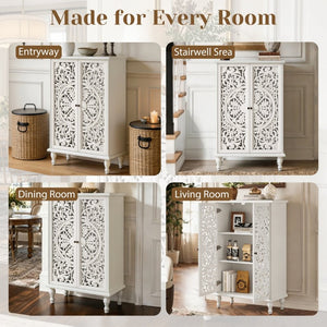 English Elm 47 Inch Tall Farmhouse Accent Cabinet Floral Carved Doors White Finish Turned Legs W1445P537136