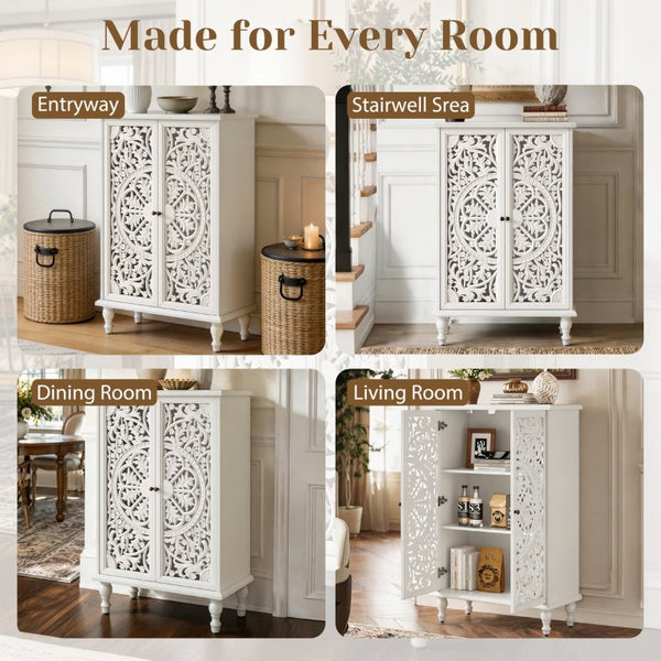 English Elm 47 Inch Tall Farmhouse Accent Cabinet Floral Carved Doors White Finish Turned Legs W1445P537136