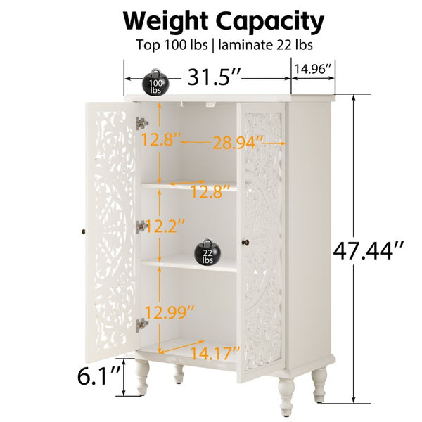 English Elm 47 Inch Tall Farmhouse Accent Cabinet Floral Carved Doors White Finish Turned Legs W1445P537136