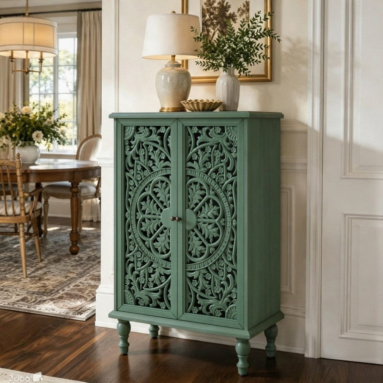English Elm Tall Farmhouse Accent Cabinet Floral Carved Doors Adjustable Shelves Entryway Storage W1445P537137