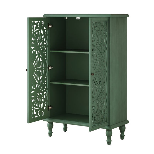 English Elm Tall Farmhouse Accent Cabinet Floral Carved Doors Adjustable Shelves Entryway Storage W1445P537137