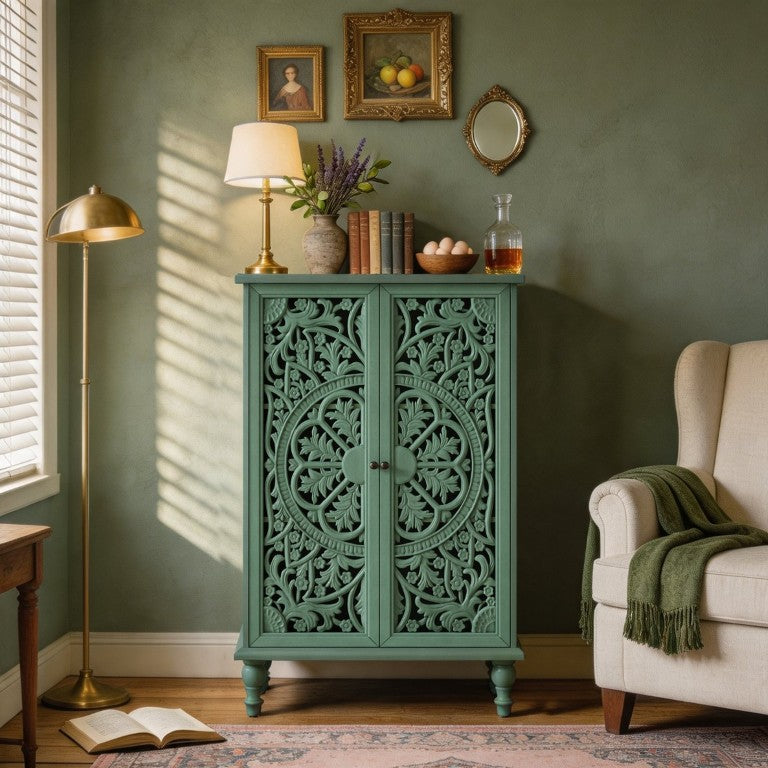English Elm Tall Farmhouse Accent Cabinet Floral Carved Doors Adjustable Shelves Entryway Storage W1445P537137