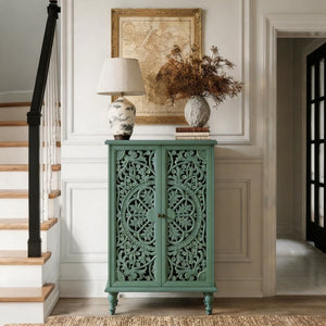 English Elm Tall Farmhouse Accent Cabinet Floral Carved Doors Adjustable Shelves Entryway Storage W1445P537137
