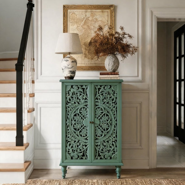 English Elm Tall Farmhouse Accent Cabinet Floral Carved Doors Adjustable Shelves Entryway Storage W1445P537137