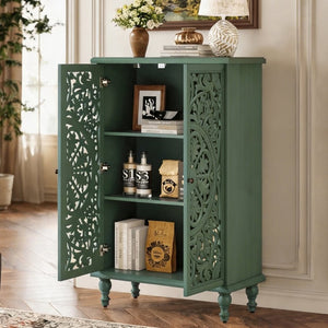 English Elm Tall Farmhouse Accent Cabinet Floral Carved Doors Adjustable Shelves Entryway Storage W1445P537137