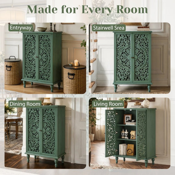 English Elm Tall Farmhouse Accent Cabinet Floral Carved Doors Adjustable Shelves Entryway Storage W1445P537137
