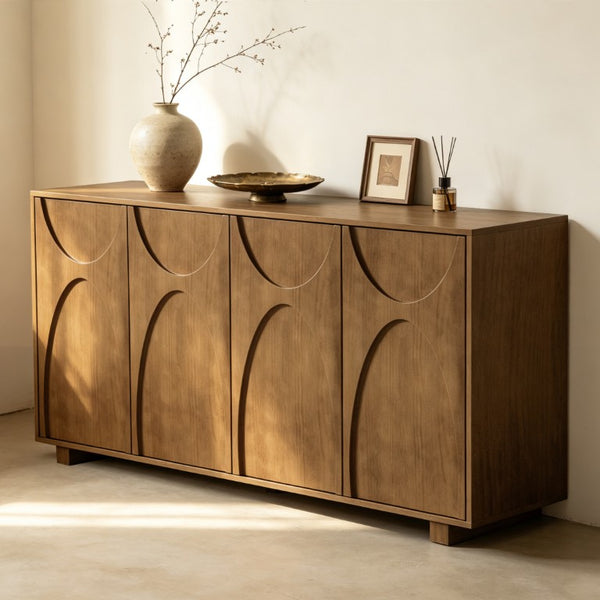 English Elm 63 Inch Wood Veneer Credenza with Carved Relief Doors and Adjustable Shelves for Dining Rooms Antique Brown W1445P547816