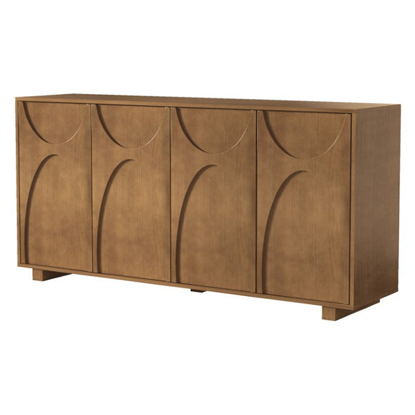 English Elm 63 Inch Wood Veneer Credenza with Carved Relief Doors and Adjustable Shelves for Dining Rooms Antique Brown W1445P547816
