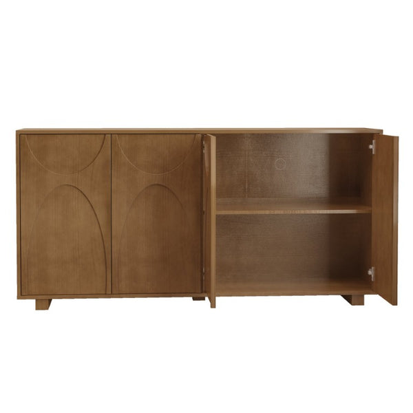 English Elm 63 Inch Wood Veneer Credenza with Carved Relief Doors and Adjustable Shelves for Dining Rooms Antique Brown W1445P547816