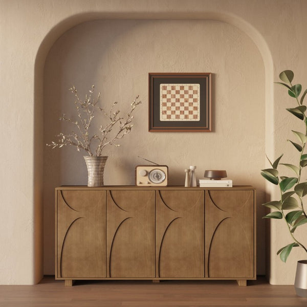 English Elm 63 Inch Wood Veneer Credenza with Carved Relief Doors and Adjustable Shelves for Dining Rooms Antique Brown W1445P547816