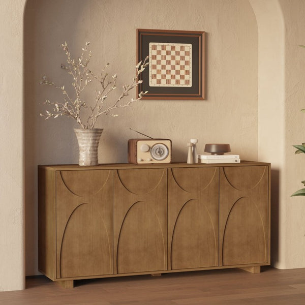 English Elm 63 Inch Wood Veneer Credenza with Carved Relief Doors and Adjustable Shelves for Dining Rooms Antique Brown W1445P547816