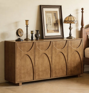 English Elm 63 Inch Wood Veneer Credenza with Carved Relief Doors and Adjustable Shelves for Dining Rooms Antique Brown W1445P547816