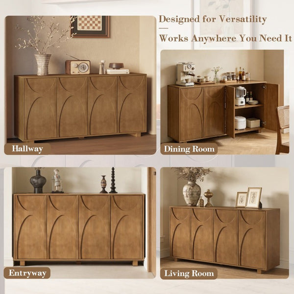 English Elm 63 Inch Wood Veneer Credenza with Carved Relief Doors and Adjustable Shelves for Dining Rooms Antique Brown W1445P547816