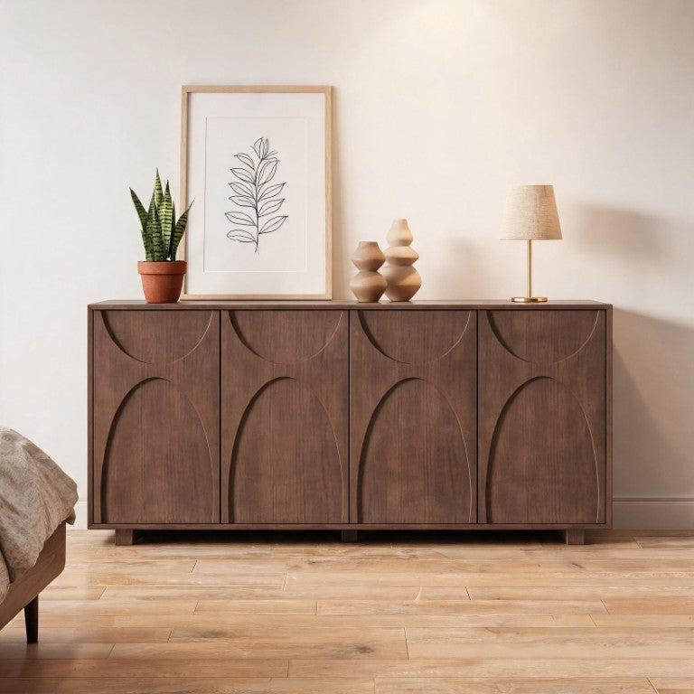 English Elm 63 Inch Wood Veneer Credenza with Carved Relief Doors and Adjustable Shelves for Dining Rooms Antique Walnut W1445P547817