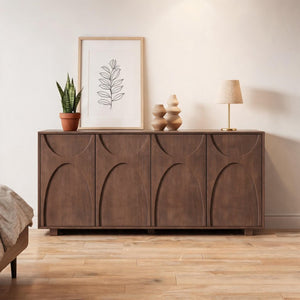 English Elm 63 Inch Wood Veneer Credenza with Carved Relief Doors and Adjustable Shelves for Dining Rooms Antique Walnut W1445P547817