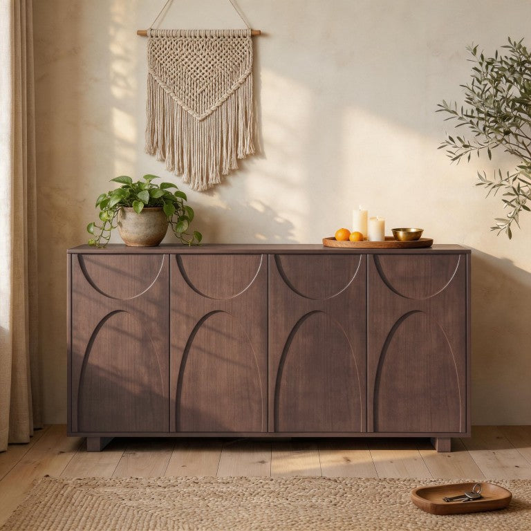 English Elm 63 Inch Wood Veneer Credenza with Carved Relief Doors and Adjustable Shelves for Dining Rooms Antique Walnut W1445P547817
