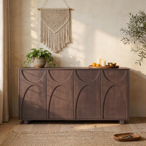 English Elm 63 Inch Wood Veneer Credenza with Carved Relief Doors and Adjustable Shelves for Dining Rooms Antique Walnut W1445P547817