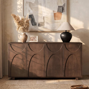 English Elm 63 Inch Wood Veneer Credenza with Carved Relief Doors and Adjustable Shelves for Dining Rooms Antique Walnut W1445P547817