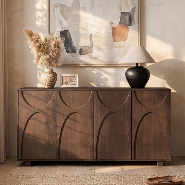 English Elm 63 Inch Wood Veneer Credenza with Carved Relief Doors and Adjustable Shelves for Dining Rooms Antique Walnut W1445P547817