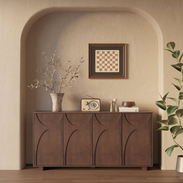 English Elm 63 Inch Wood Veneer Credenza with Carved Relief Doors and Adjustable Shelves for Dining Rooms Antique Walnut W1445P547817