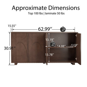 English Elm 63 Inch Wood Veneer Credenza with Carved Relief Doors and Adjustable Shelves for Dining Rooms Antique Walnut W1445P547817