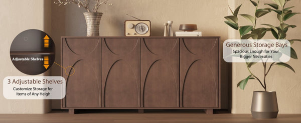 English Elm 63 Inch Wood Veneer Credenza with Carved Relief Doors and Adjustable Shelves for Dining Rooms Antique Walnut W1445P547817
