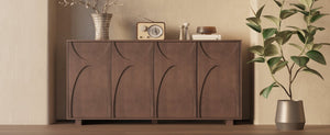English Elm 63 Inch Wood Veneer Credenza with Carved Relief Doors and Adjustable Shelves for Dining Rooms Antique Walnut W1445P547817
