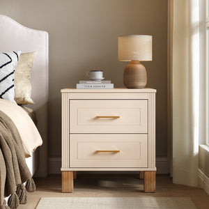 English Elm 2 Drawer Nightstand Fluted MDF Body Solid Wood Legs Sleek Metal Pulls Bedside Storage Beige W1445P586096