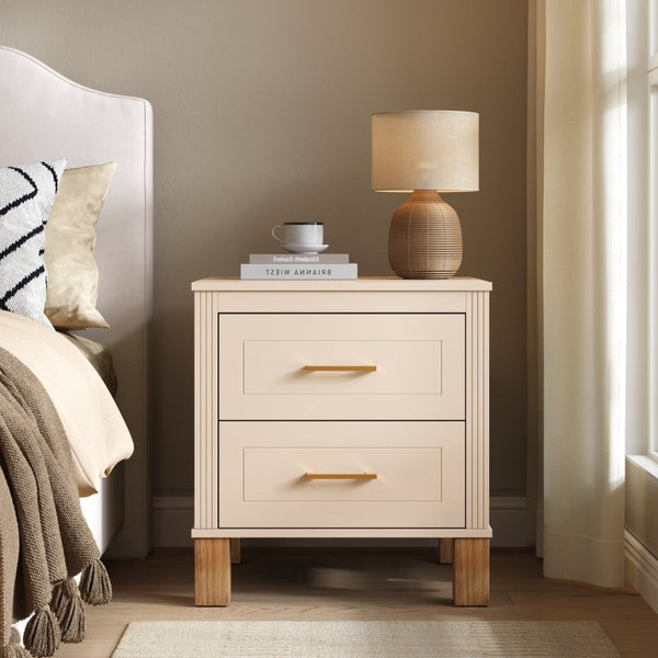English Elm 2 Drawer Nightstand Fluted MDF Body Solid Wood Legs Sleek Metal Pulls Bedside Storage Beige W1445P586096