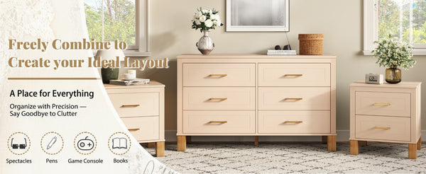 English Elm 2 Drawer Nightstand Fluted MDF Body Solid Wood Legs Sleek Metal Pulls Bedside Storage Beige W1445P586096