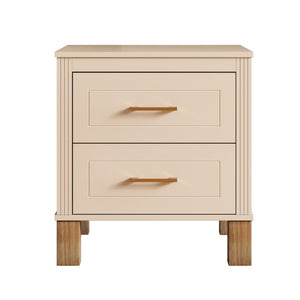 English Elm 2 Drawer Nightstand Fluted MDF Body Solid Wood Legs Sleek Metal Pulls Bedside Storage Beige W1445P586096