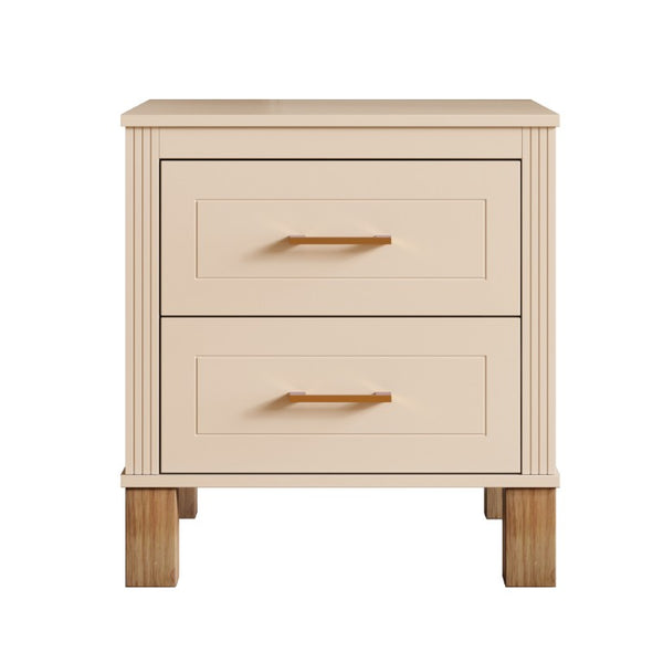 English Elm 2 Drawer Nightstand Fluted MDF Body Solid Wood Legs Sleek Metal Pulls Bedside Storage Beige W1445P586096