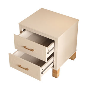English Elm 2 Drawer Nightstand Fluted MDF Body Solid Wood Legs Sleek Metal Pulls Bedside Storage Beige W1445P586096
