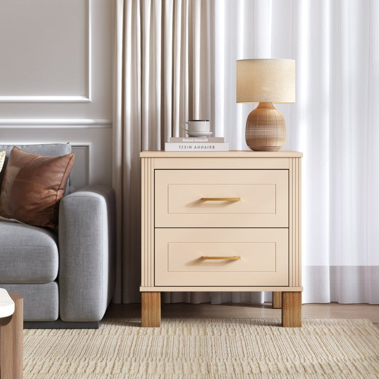 English Elm 2 Drawer Nightstand Fluted MDF Body Solid Wood Legs Sleek Metal Pulls Bedside Storage Beige W1445P586096