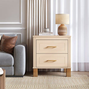 English Elm 2 Drawer Nightstand Fluted MDF Body Solid Wood Legs Sleek Metal Pulls Bedside Storage Beige W1445P586096